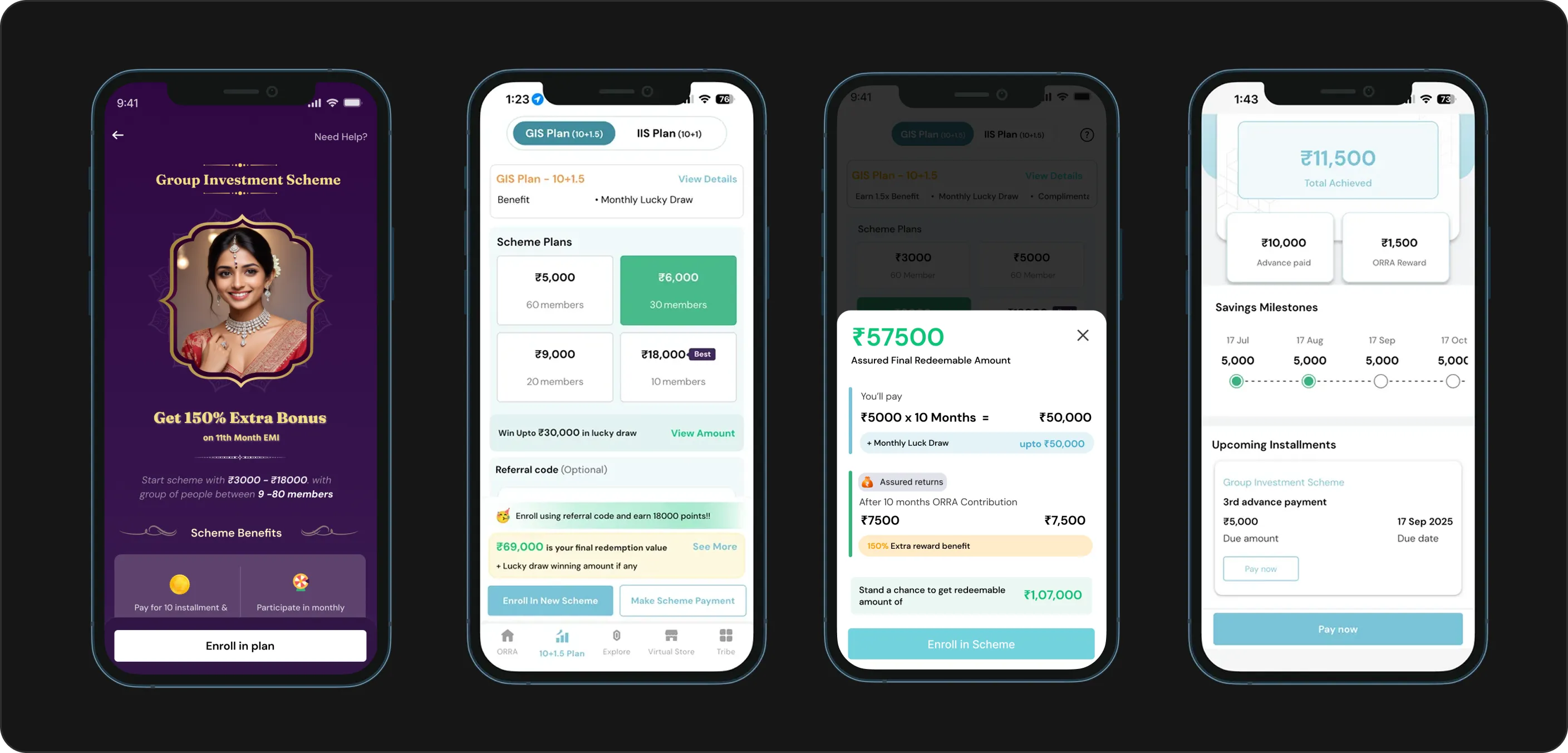 The passbook with savings milestones, and the plan chooser across three states.