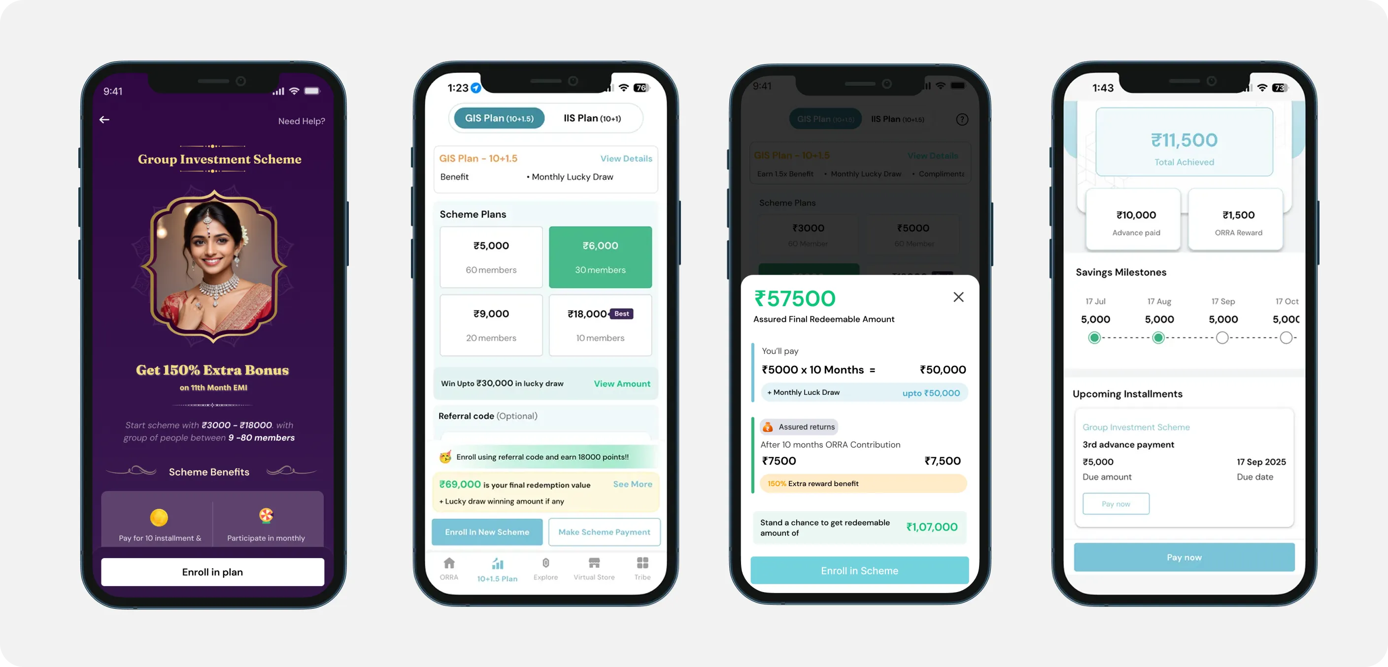 The passbook with savings milestones, and the plan chooser across three states.