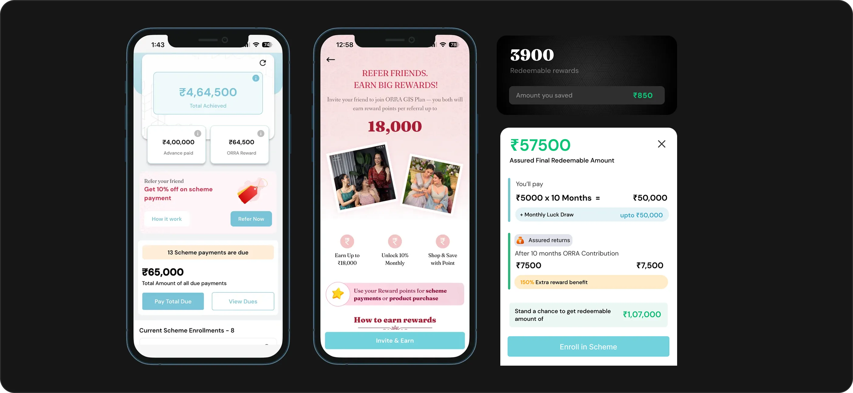 The product: the digital passbook, the refer-a-friend screen, and the reward and redemption cards.