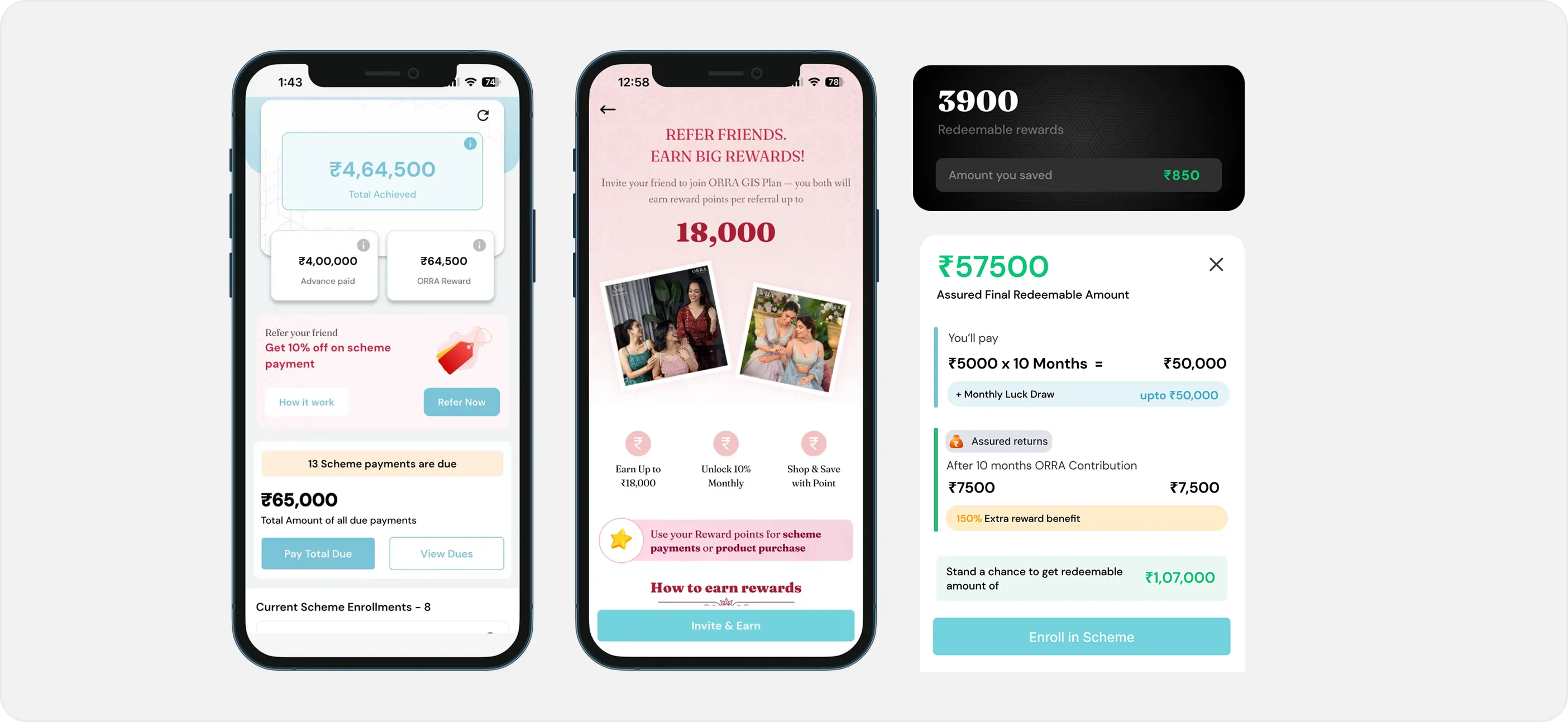 The product: the digital passbook, the refer-a-friend screen, and the reward and redemption cards.
