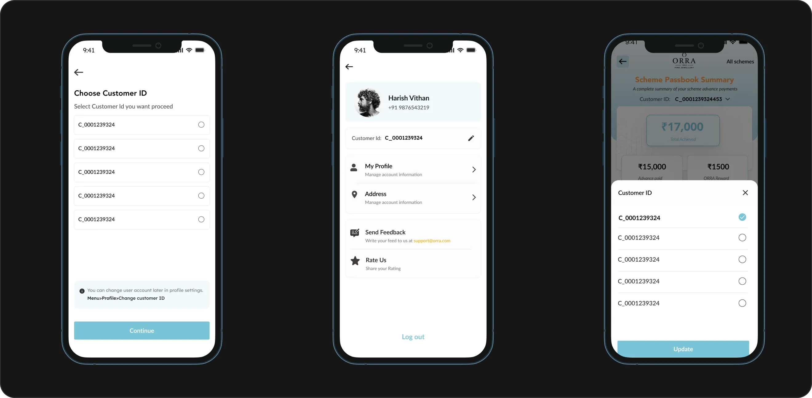 Choosing a customer ID at sign-up, the same ID shown in the profile, and the switcher inside the passbook summary.