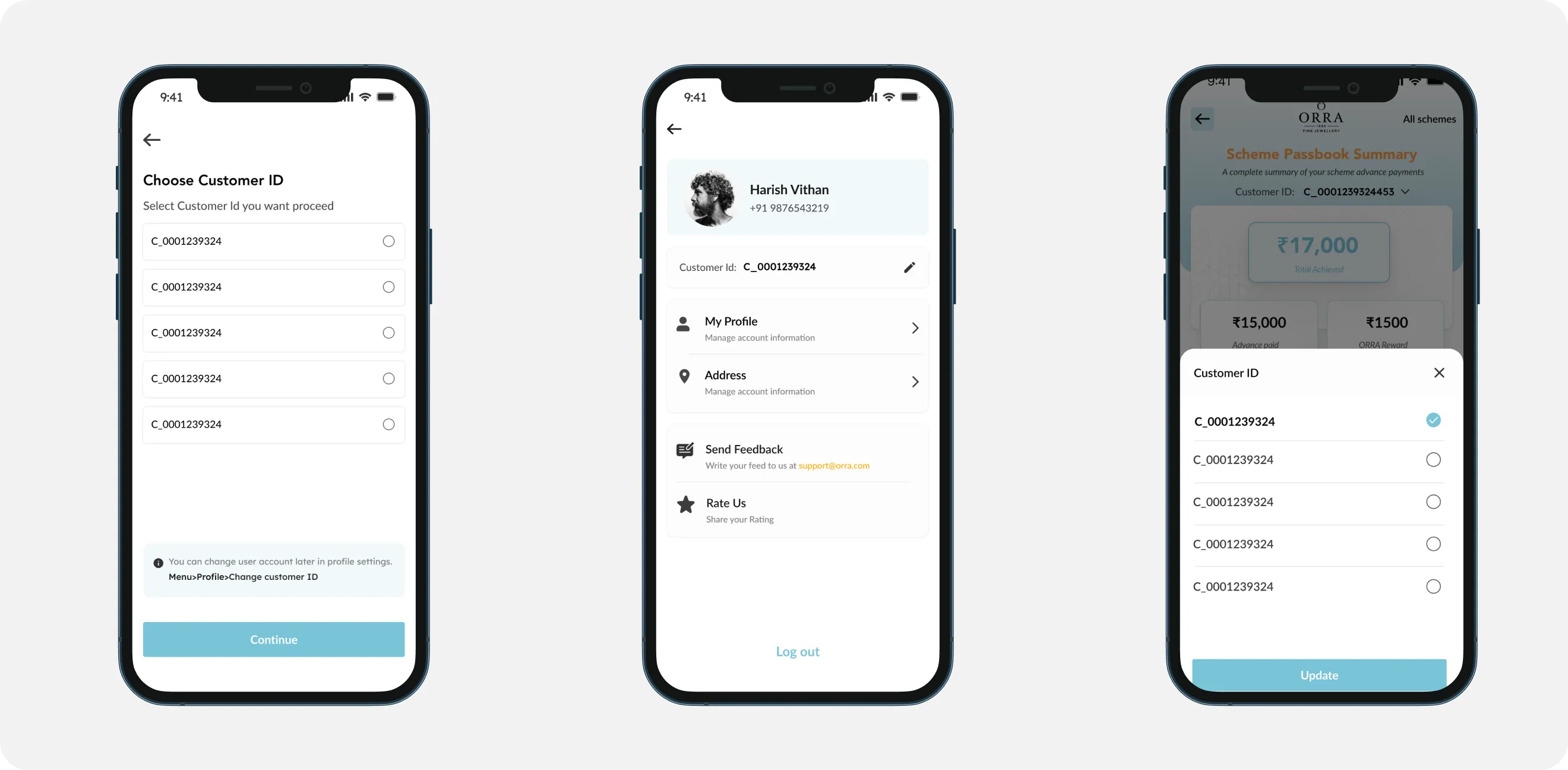 Choosing a customer ID at sign-up, the same ID shown in the profile, and the switcher inside the passbook summary.