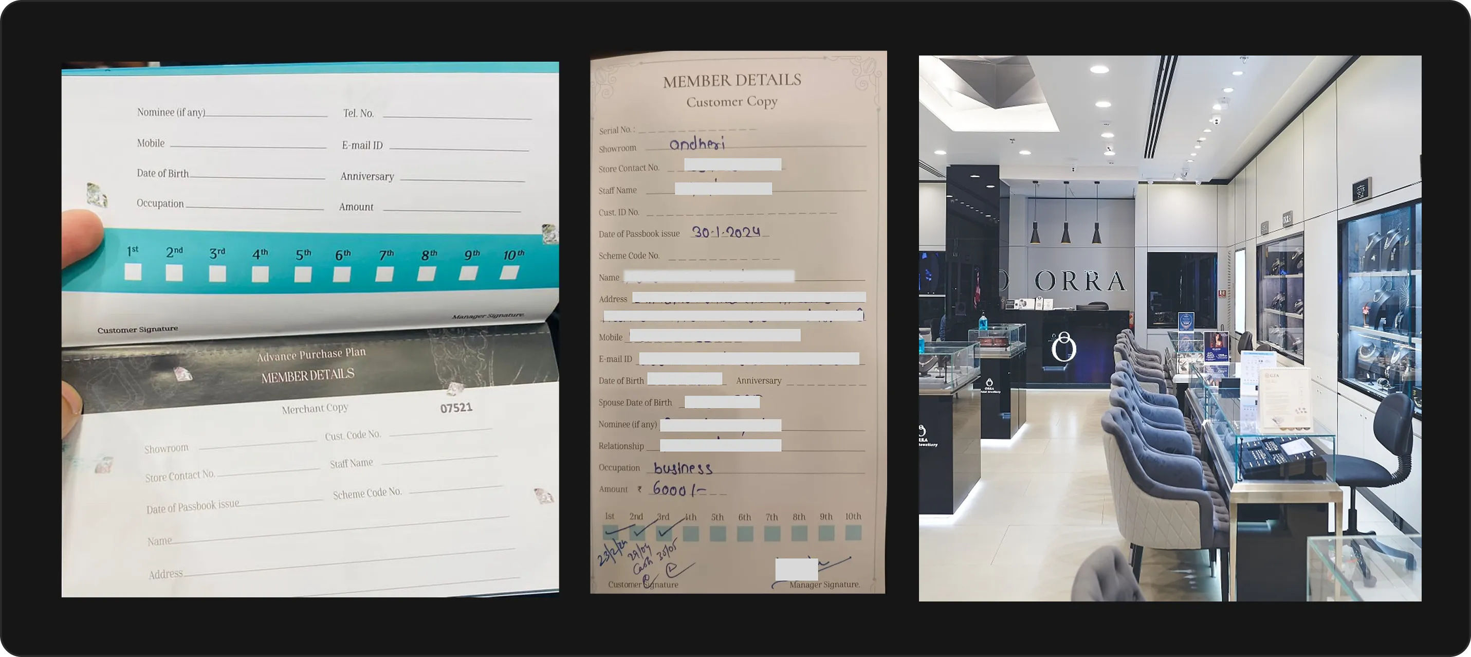 The paper passbook with a box for each of the ten payments, a hand-filled member details slip, and an ORRA store.