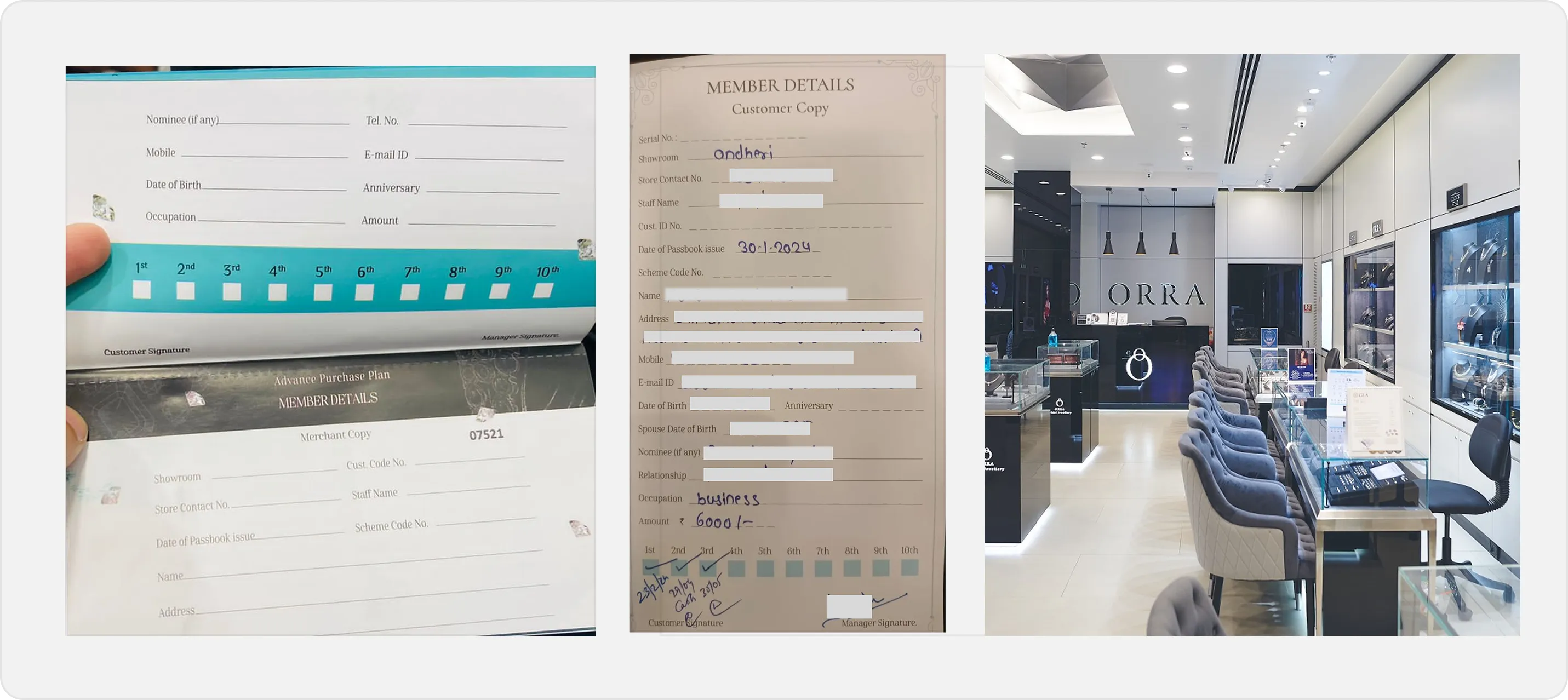 The paper passbook with a box for each of the ten payments, a hand-filled member details slip, and an ORRA store.