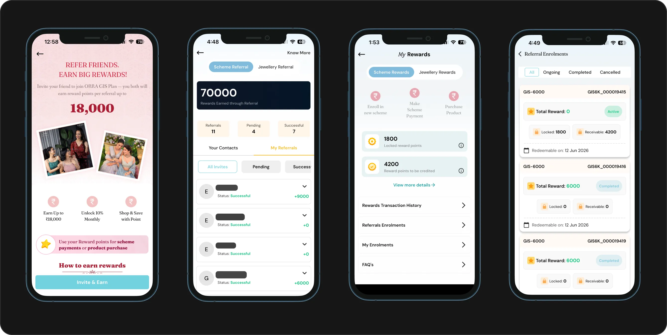 Refer and earn, the referral list with each referral’s status, My Rewards showing locked and creditable points, and referral enrolments with their redeemable dates.