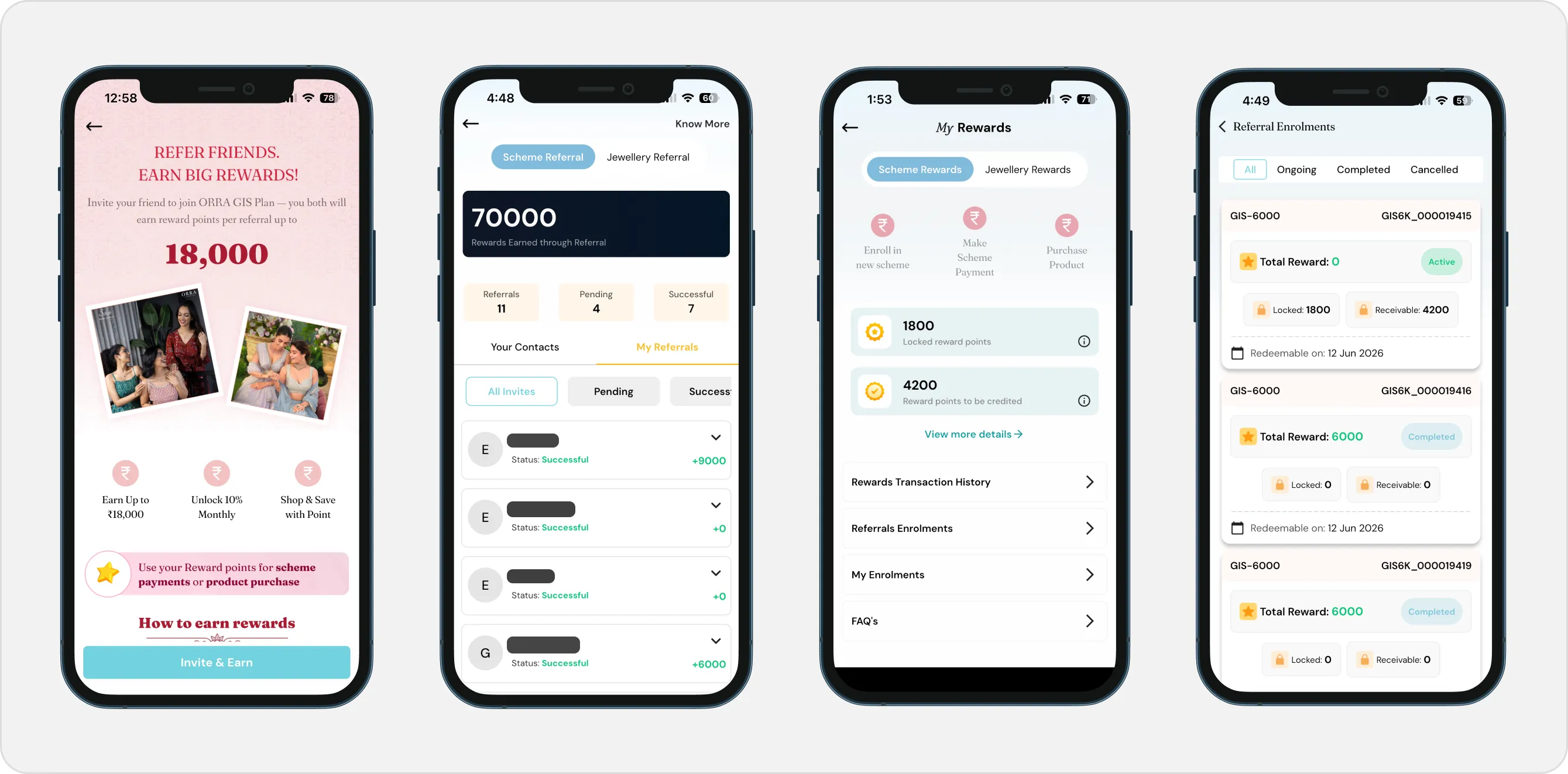 Refer and earn, the referral list with each referral’s status, My Rewards showing locked and creditable points, and referral enrolments with their redeemable dates.