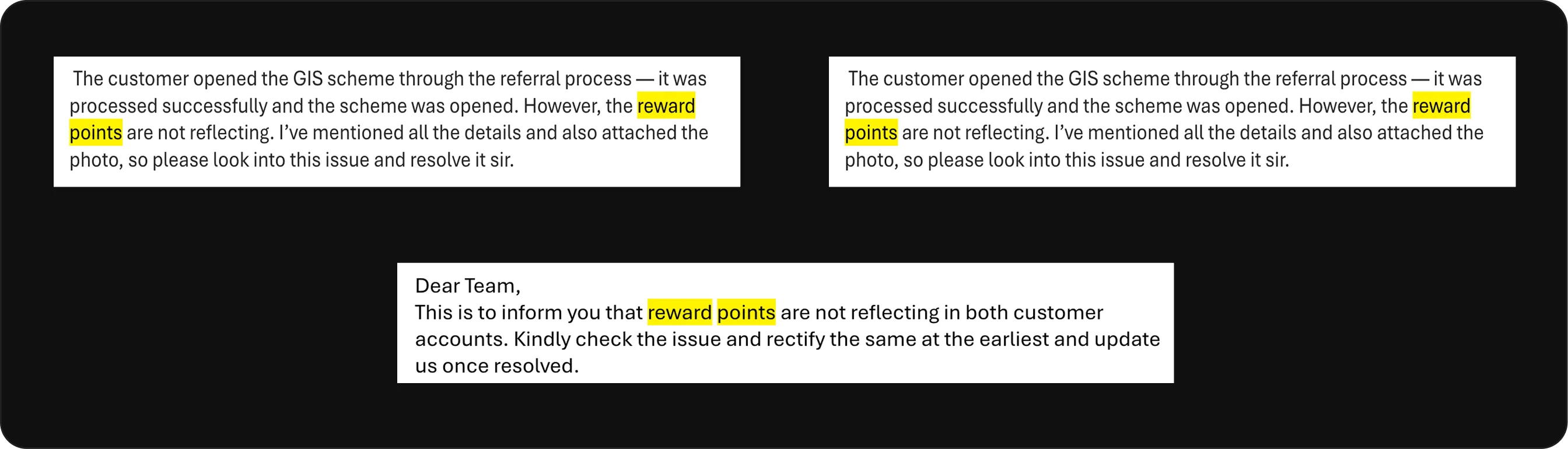 Three support messages, all reporting that reward points are not reflecting after a referral enrolment.