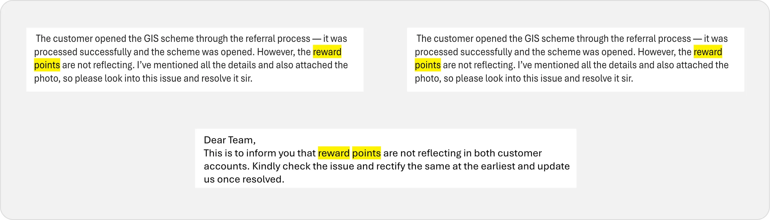 Three support messages, all reporting that reward points are not reflecting after a referral enrolment.