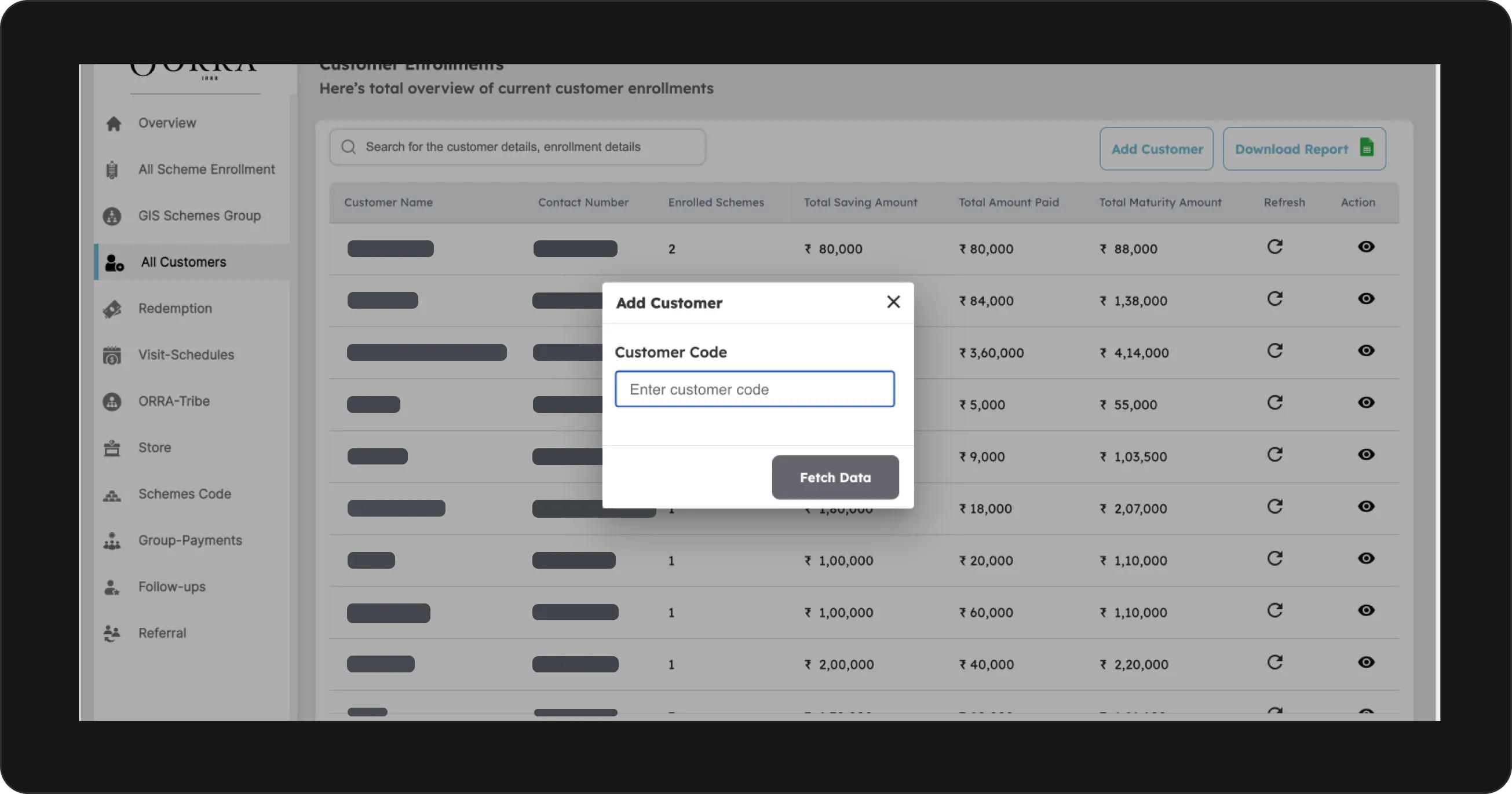 The staff customer list, with Fetch Data pulling a single customer up by their code so store staff can answer at the counter.