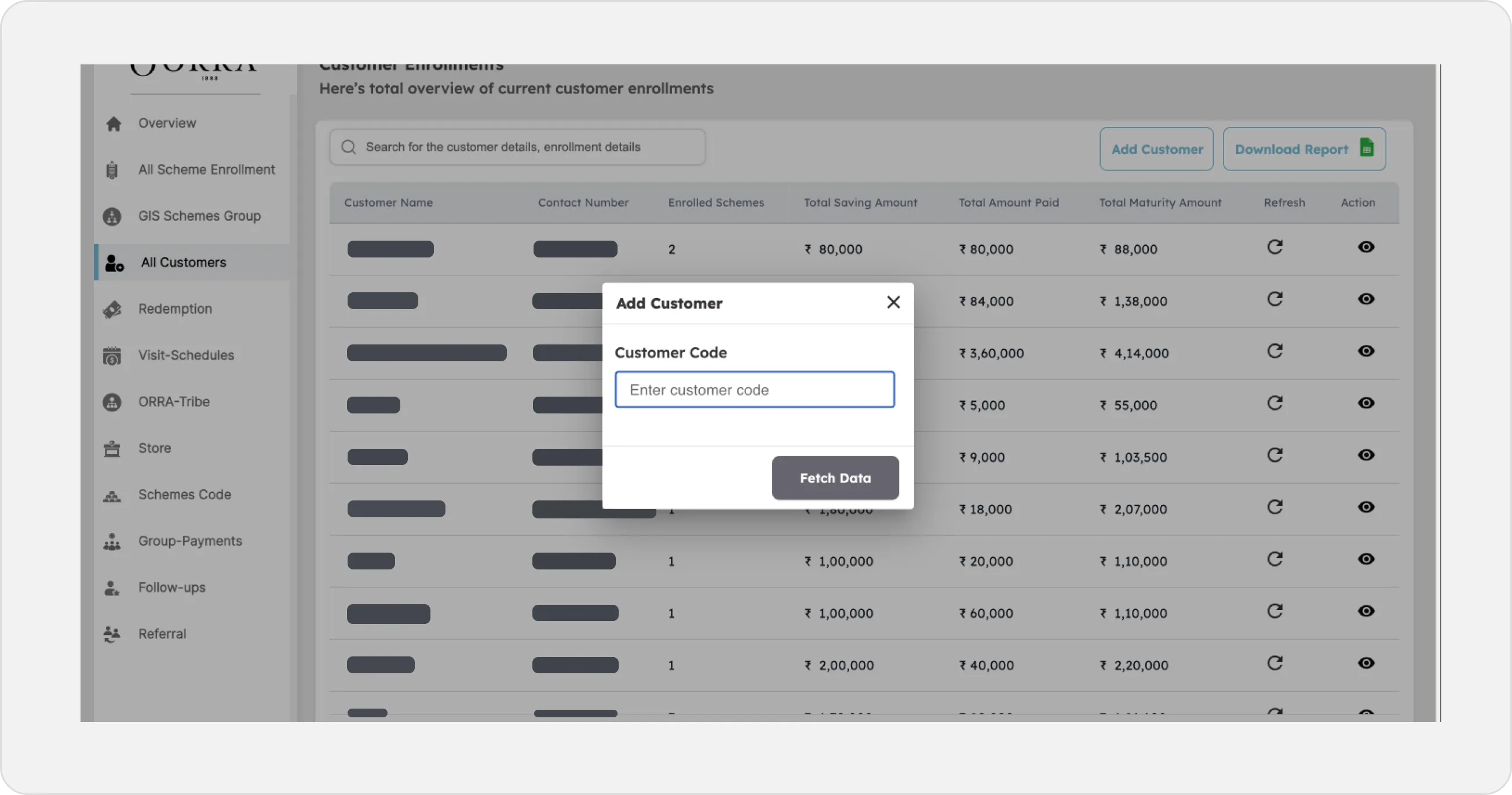 The staff customer list, with Fetch Data pulling a single customer up by their code so store staff can answer at the counter.