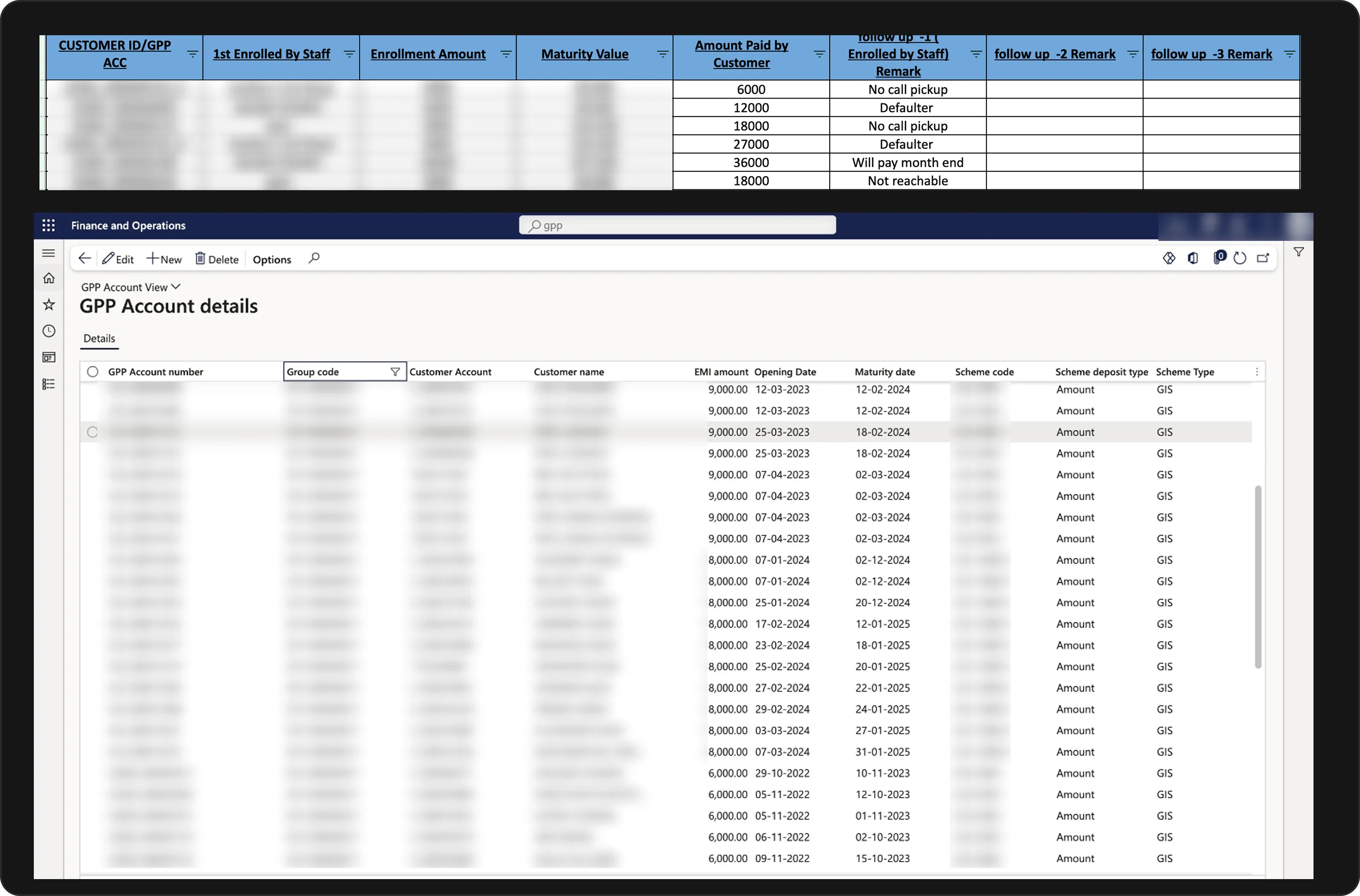 The staff's own follow-up sheet in Excel, and the same scheme data already sitting in Dynamics 365.