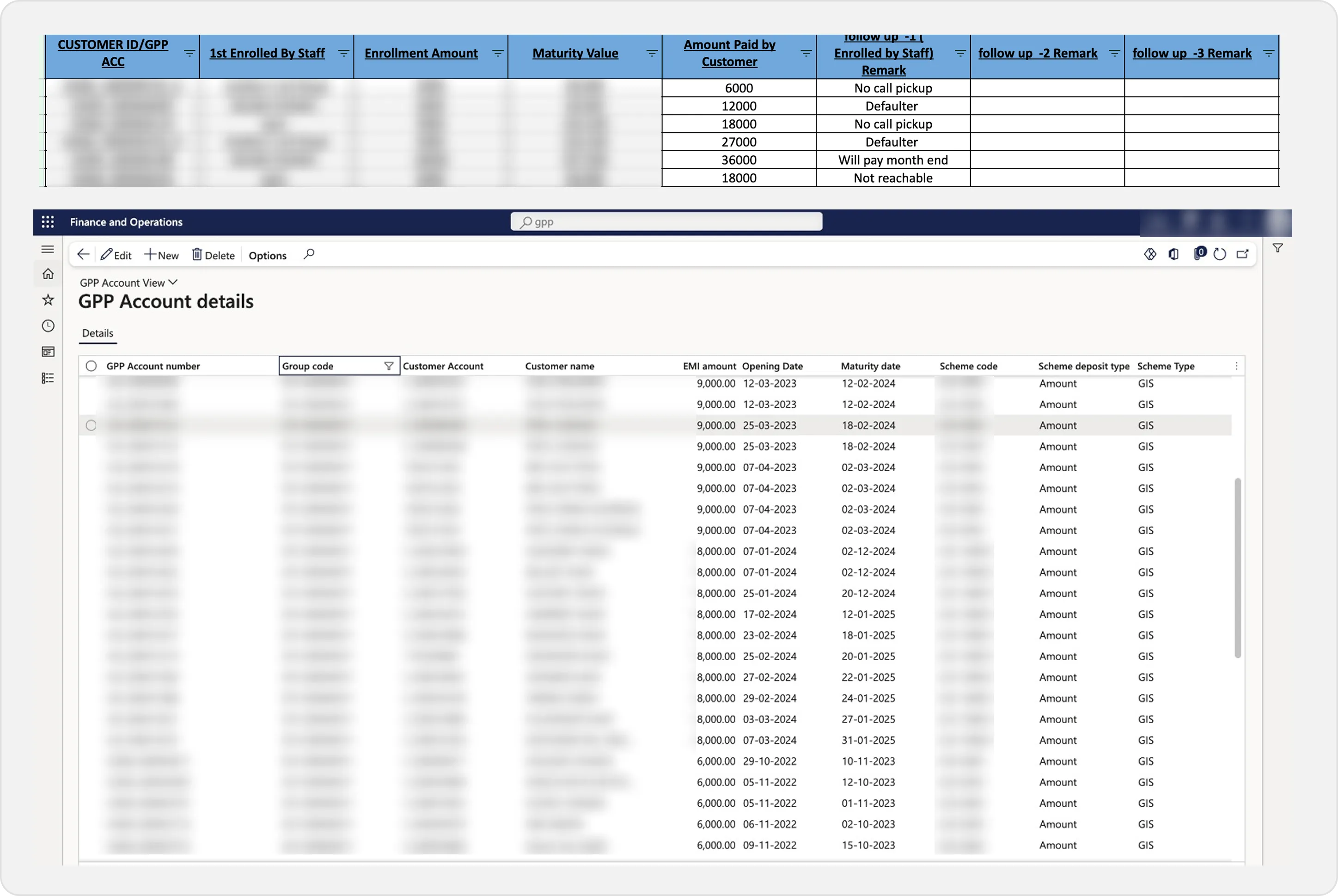 The staff's own follow-up sheet in Excel, and the same scheme data already sitting in Dynamics 365.