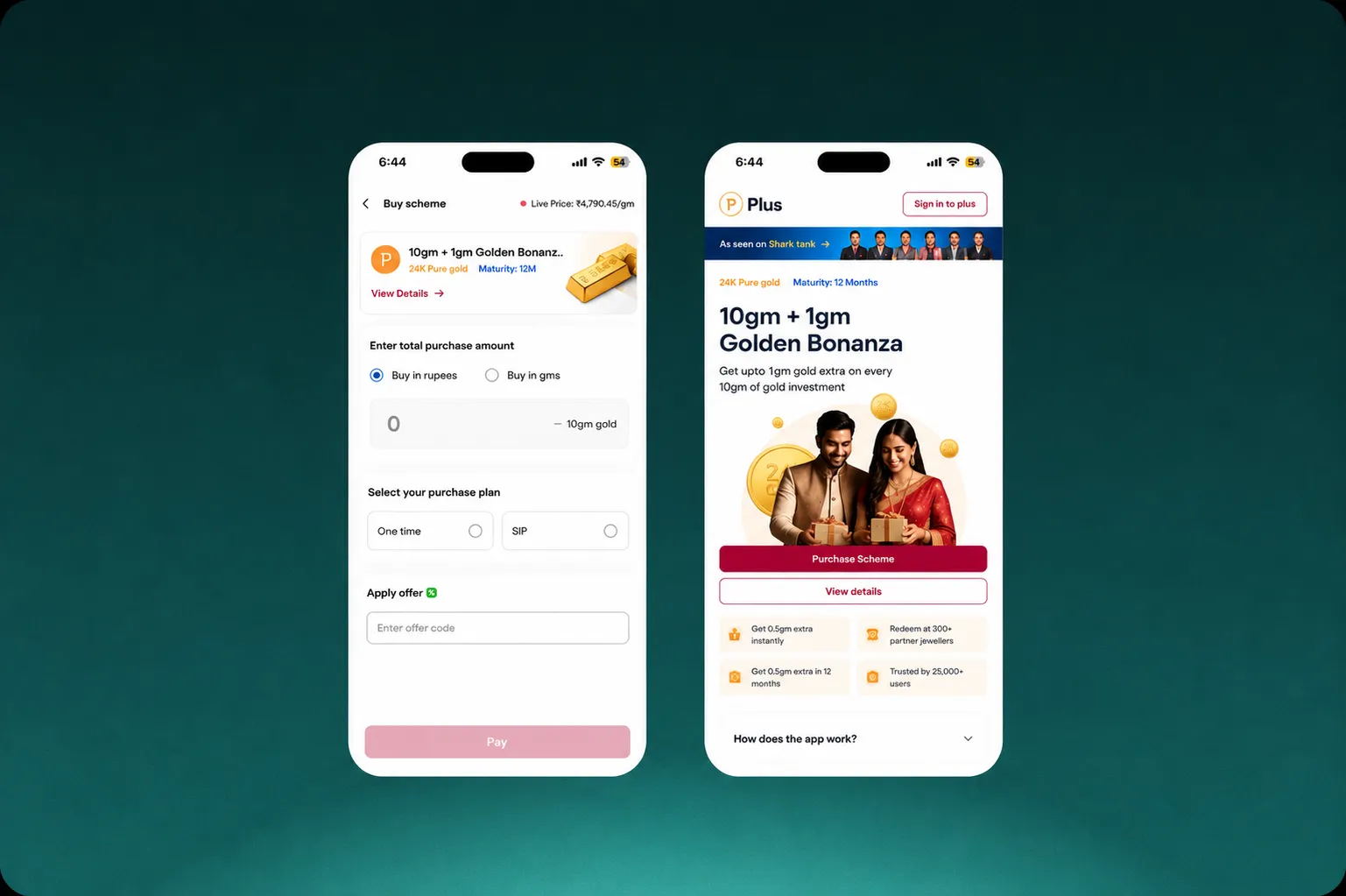 Plus Gold: the buy-scheme screen with a purchase amount, one-time or SIP, and an offer code, beside the Golden Bonanza scheme page.